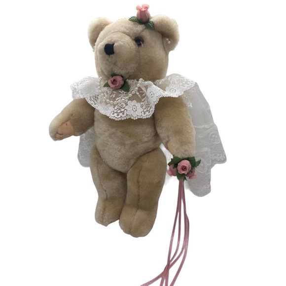 Plush Bride Teddy Bear 12" Wedding Outfit Jewelry Bouquet Posable Arms Legs VTG - Picture 2 of 9